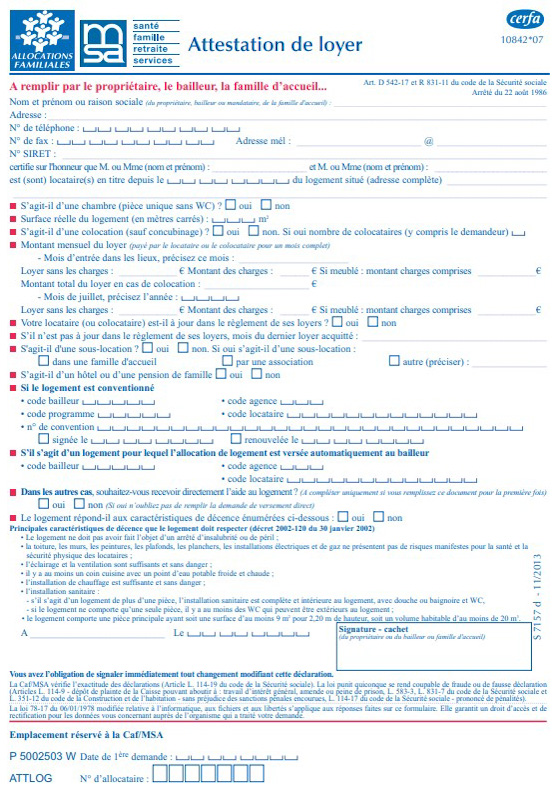 attestation de loyer CAF photo