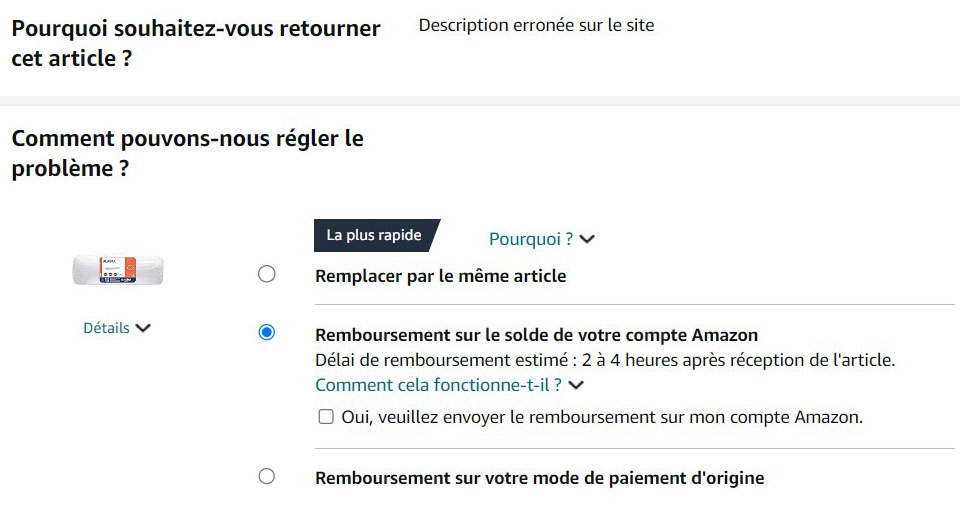 Options remboursement retour amazon